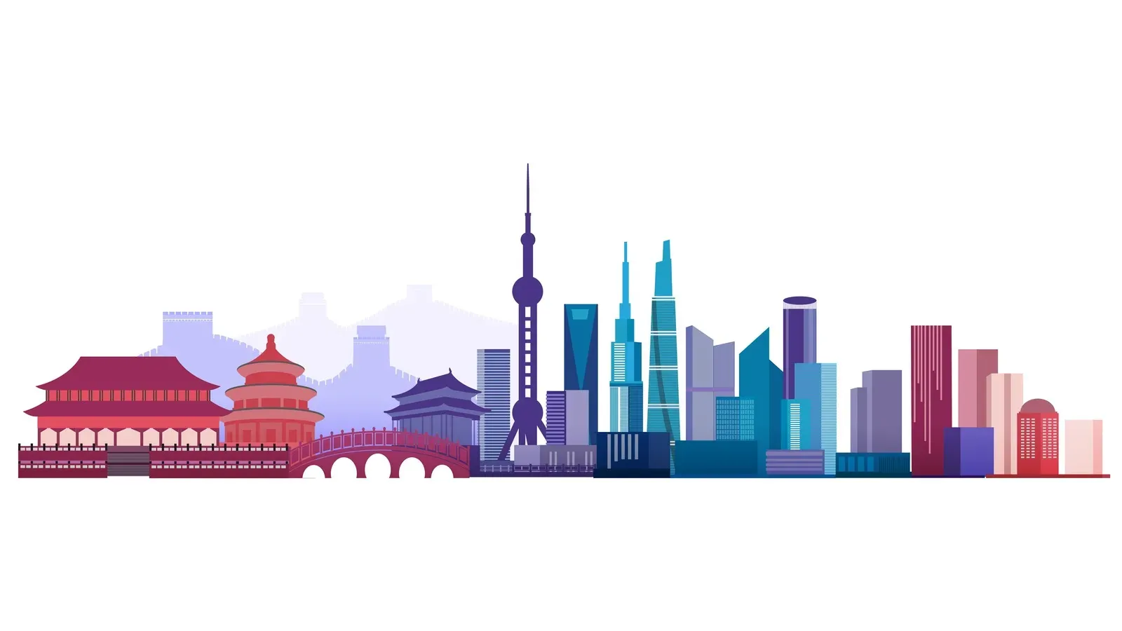 Stylized cityscape featuring traditional Chinese buildings and an arched bridge beside Shanghai-inspired modern skyscrapers and a purple broadcast tower.