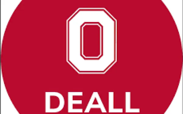 Circular Department of East Asian Languages and Literatures logo in scarlet with Block O 