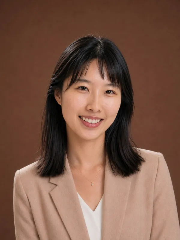 A professional Asian woman in a tailored suit and white shirt, exuding confidence and poise.